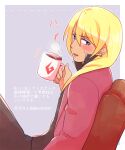  1boy ace_attorney blonde_hair blue_eyes blush coffee coffee_mug cup earrings hair_between_eyes holding holding_cup jacket jewelry klavier_gavin long_hair long_sleeves looking_at_viewer mai8484 male_focus mug open_mouth pants sitting solo steam 