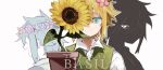  3boys aqua_eyes bangs basil_(omori) blonde_hair character_name closed_mouth collared_shirt commentary_request dark_persona dated eyes_in_shadow facing_away flower flower_pot flower_wreath green_hair green_vest hair_between_eyes hair_flower hair_ornament head_wreath highres holding looking_at_viewer looking_to_the_side male_focus multiple_boys multiple_persona omori one_eye_covered open_mouth pink_flower plant shirt short_hair sidelocks simple_background smile south_ac sunflower vest white_background white_eyes white_shirt yellow_flower 