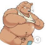  2023 anthro balls bear belly big_belly black_nose blush brown_body clothed clothing clothing_lift erection genitals hi_res kemono male mammal navel overweight overweight_male penis scar shirt shirt_lift small_penis solo suishou0602 topwear 