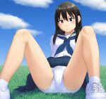  1girl bangs black_eyes black_hair blouse blue_neckerchief blue_sailor_collar blue_skirt blue_sky blush closed_mouth cloud cloudy_sky commentary cross-laced_footwear crotch_seam day frown grass highres leaning_back long_hair looking_at_viewer m_legs maburu_(lojyq1eur3e8bit) miniskirt neckerchief original outdoors panties pantyshot pleated_skirt sailor_collar school_uniform shirt shoes sitting skirt sky sneakers socks solo underwear white_footwear white_panties white_shirt white_socks 