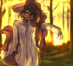  anthro apogee_(tinygaypirate) big_tail black_nose blurred_background bottomless breasts brown_body brown_eyes brown_fur brown_hair canid canine canis cheek_tuft chest_markings chest_tattoo clothed clothing cowlick day domestic_dog dress_shirt ear_piercing eyebrow_through_hair eyebrows eyelashes facial_markings facial_piercing facial_tattoo facial_tuft female floppy_ears fur furgonomics furry-specific_piercing gauged_ear hair head_markings hi_res hip_markings hip_tattoo inner_ear_fluff leg_markings leg_tattoo long_hair looking_at_viewer mammal markings messy_hair mottled mottled_nose muzzle_piercing navel neck_markings neck_tattoo nipple_outline nose_piercing one_eye_closed outside oversized_shirt piercing pink_nose plant raised_arm shirt shirt_only slim smile solo spitz standing tail tattoo tinygaypirate toothy_smile topwear topwear_only translucent translucent_clothing translucent_hair translucent_shirt translucent_topwear tree tuft wink 
