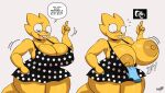  2022 4_fingers alphys anthro areola assisted_exposure big_breasts blush breasts buckteeth cleavage clothed clothing dialogue disembodied_hand english_text eyes_closed eyewear female female_focus fingers glasses hi_res huge_breasts joaoppereiraus lizard looking_down nipples onomatopoeia open_mouth reptile scalie simple_background solo_focus sound_effects speech_bubble teeth text thick_thighs undertale_(series) undyne 