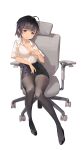  1girl absurdres ahoge badao_zhu_ge bangs black_footwear black_hair black_pantyhose black_skirt blunt_bangs blush breasts brown_hair chair cleavage clothes_pull collared_shirt full_body hand_up head_tilt highres hot leaning_to_the_side looking_at_viewer office_chair office_lady original panties pantyhose pantyshot partially_unbuttoned pencil_skirt shirt shirt_pull shirt_tucked_in shoes short_hair short_sleeves sitting skirt solo sweat underwear white_background white_shirt 