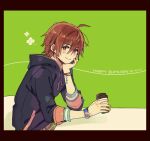  1boy ahoge amagase_touma bracelet brown_hair chikamichi_(suisui17c) clover coffee commentary cup happy_birthday holding holding_cup holding_head hood hoodie idolmaster idolmaster_side-m jewelry looking_at_viewer male_focus red_eyes simple_background sitting sleeves_rolled_up smile solo symbol-only_commentary table watch 