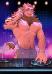  5_fingers absurd_res anthro areola claws disc_jockey ear_piercing felid fingers frde fur fur_tuft hi_res lion male mammal mane muscular muscular_anthro muscular_male nipples one_eye_closed open_mouth open_smile pantherine piercing smile solo tail tail_tuft tuft 