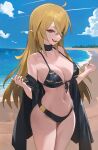  1girl ahoge animal_print bare_shoulders bat_print beach bikini black_bikini black_robe blonde_hair breasts cloud collarbone commission cowboy_shot hair_between_eyes highres hood_(james_x) large_breasts long_hair navel off_shoulder open_mouth original red_eyes red_nails robe sharp_teeth shore solo swimsuit teeth 