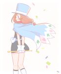  1girl ace_attorney belt_pouch blue_eyes blue_headwear brown_hair cape closed_mouth confetti dress from_behind gloves hat holding long_hair looking_at_viewer magician mai8484 pouch scarf short_hair smile solo standing top_hat trucy_wright white_gloves 
