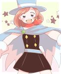  1girl :d ace_attorney black_dress blue_cape blue_eyes blue_headwear blush brown_hair cape dress earrings gloves hat jewelry looking_at_viewer magician mai8484 open_mouth outstretched_arms red_scarf scarf short_hair smile solo star_(symbol) top_hat trucy_wright white_gloves 