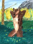  2003 anthro blue_sky brown_hair deer eyes_closed hair kneeling male mammal miysis mountain nude plant sky solo traditional_media_(artwork) tree 
