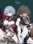  2019 2girls absurdres alternate_costume artist_name bangs black_cape black_shorts breasts brown_hair brown_pantyhose cape claw_(weapon) cleavage closed_mouth coat dark-skinned_female dark_skin dated green_background grey_hair guaili_shu highres honkai_(series) honkai_impact_3rd jackal_(honkai_impact) long_hair looking_at_viewer mole mole_under_mouth multiple_girls navel pantyhose raven_(honkai_impact) red_eyes revealing_clothes short_hair shorts simple_background smile weapon white_coat yellow_eyes 