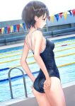  1girl absurdres adjusting_clothes adjusting_swimsuit ass bangs bare_shoulders black_hair blue_reflection breasts competition_school_swimsuit day highres kishida_mel lane_line looking_away medium_breasts official_art one-piece_swimsuit outdoors pool profile school_swimsuit shirai_hinako short_hair solo string_of_flags swimsuit water 
