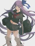  1girl absurdres armored_boots bag bangs black_shirt black_skirt blue_eyes boots breasts fate/extra fate/extra_ccc fate_(series) feet_out_of_frame grey_background hand_on_hip highres long_hair looking_at_viewer meltryllis_(fate) midriff miniskirt navel neckerchief purple_hair red_neckerchief sailor_collar school_bag school_uniform serafuku shirt signature skirt sleeves_past_fingers sleeves_past_wrists small_breasts solo tachibana_wataru_(123tsuki) v-shaped_eyebrows very_long_hair 