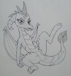  2023 absurd_res anthro anus dragon female friendship_is_magic genitals hasbro hi_res horn lying monochrome my_little_pony on_back perrox princess_ember_(mlp) pussy reptile scales scalie sharp_teeth solo teeth traditional_media_(artwork) wings 