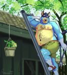  2023 5_fingers absurd_res anthro australian_cattle_dog bandit_heeler bedroom_eyes belly big_belly blue_body blue_fur bluey_(series) bottomwear canid canine canis cattledog chubby_male clothed clothing domestic_dog fingers footwear fur gardening hedge_clippers herding_dog hi_res ladder male mammal mikrogoat multicolored_body multicolored_fur narrowed_eyes navel nipples pastoral_dog plant sandals seductive shorts signature slightly_chubby smile solo tan_body tan_fur topless tree two_tone_body two_tone_fur 