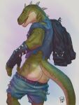  anthro belt bottomwear butt clothed clothing cutoffs denim denim_clothing dinosaur fingerless_gloves gloves green_body green_scales handwear hi_res jacket leather leather_clothing leather_jacket leather_topwear lion21 looking_at_viewer looking_back looking_back_at_viewer male partially_clothed rear_view reptile rocco_(tallion) scales scalie shirt shorts shorts_down solo spiked_gloves spikes t-shirt tail theropod topwear torn_clothing torn_shirt torn_topwear tyrannosaurid tyrannosaurus tyrannosaurus_rex 