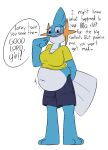  anthro barefoot belly big_breasts blue_body blush breasts clothing dialogue feet female generation_3_pokemon loray_(thatoneaceguy) mudkip navel nintendo offscreen_character open_mouth pokemon pokemon_(species) simple_background solo standing stuffing text thatoneaceguy 