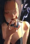  1girl black_background black_choker black_hair bra choker closed_eyes earrings highres jewelry light_blush nana_(series) naxv15 osaki_nana red_lips red_nails ring short_hair shoulder_tattoo simple_background smoke smoking solo tattoo underwear 