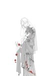  1boy 1other absurdres aechmea_(houseki_no_kuni) ajing073 alternate_universe androgynous arm_at_side arm_guards belt blood blood_on_clothes blood_on_face blood_on_hands blood_on_weapon bracelet bruise coin_(ornament) collar cowboy_shot depressed earrings facing_down flower from_side hand_on_another&#039;s_shoulder hands_up height_difference highres holding holding_knife holding_weapon houseki_no_kuni injury jewelry knife looking_at_another looking_away looking_to_the_side mole mole_under_eye monochrome necklace phosphophyllite phosphophyllite_(ll) ponytail profile red_flower see-through short_hair side-by-side simple_background smirk spot_color standing toga veil weapon 