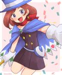  1girl :d ace_attorney blue_eyes blue_headwear brown_hair cape confetti dress earrings gloves hat holding jewelry looking_at_viewer magician mai8484 open_mouth scarf short_hair smile solo top_hat trucy_wright white_gloves 