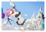  1girl azur_lane black_footwear black_ribbon blue_sky braid breasts cathedral cloud collarbone cross-laced_clothes detached_sleeves hair_over_one_eye high_heels highres kelvwinte large_breasts maid maid_headdress penelope_(azur_lane) puffy_sleeves purple_eyes purple_hair ribbon short_hair single_thighhigh sky solo summer thighhighs two-tone_dress white_thighhighs 
