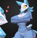  &lt;3 ambiguous_gender anthro biped blue_body blue_eyes blush breasts cleavage clothed clothing cooliehigh deltarune domestic_cat duo eyelashes felid feline felis female glistening glistening_breasts hi_res machine mammal petting petting_head robot simple_background smile tasque tasque_manager undertale_(series) white_body yellow_eyes 