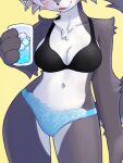  2022 anthro black_bra black_clothing black_underwear blue_clothing blue_panties blue_underwear bottomwear bra canid canine canis clothing container countershade_torso countershading cup domestic_dog eyes_obscured female glass glass_container glass_cup ice_cube mammal midriff navel panties simple_background solo underwear unousaya water yellow_background 