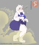  2022 anthro blush boss_monster bovid caprine carafalsa curtsey embarrassed eyes_closed fart fart_cloud fart_fetish female fur goat hi_res mammal smile solo toriel undertale undertale_(series) white_body white_fur 