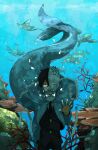  1boy black_hair blue_eyes cape coral coral_reef fish formal hand_in_pocket isana_(oumagadoki_doubutsuen) jewelry kinari male_focus manta_ray mask necktie oumagadoki_doubutsuen ring school_of_fish short_hair suit underwater 