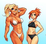  2girls abs beverly_(nortuet) bikini black_bikini blonde_hair blue_eyes body_freckles breasts cowboy_shot freckles green_eyes grin hand_on_hip medium_breasts multiple_girls muscular muscular_female navel nortuet orange_hair original ponytail small_breasts smile swimsuit tara_(nortuet) white_bikini 