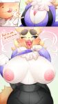  anthro areola bandai_namco big_breasts blush breasts canid canine clothed clothing digimon digimon_(species) eyewear female food fruit fur hi_res hinata_sakamoto looking_at_viewer mammal nipples plant renamon smile solo strawberry sunglasses white_body white_fur yellow_body yellow_fur 