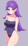  1girl absurdres bangs bare_arms bare_legs bare_shoulders blush breasts collarbone competition_swimsuit covered_navel highleg highleg_swimsuit highres kiratto_pri_chan long_hair looking_at_viewer medium_breasts mujin_(mujinzairaisen) one-piece_swimsuit pretty_(series) purple_eyes purple_hair school_swimsuit shido_mel simple_background solo swimsuit 