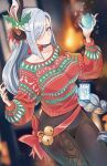  1girl bell black_pants breasts choker collarbone commentary_request cowboy_shot genshin_impact grey_eyes grey_hair hair_over_one_eye hand_up hands_up highres itsmandymo jingle_bell large_breasts leggings long_hair long_sleeves looking_at_viewer mistletoe_hair_ornament pants red_choker red_sweater second-party_source shenhe_(genshin_impact) solo standing sweater thighs very_long_hair 