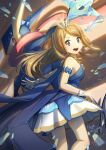  1girl :d bangs blonde_hair blue_dress blue_eyes commentary_request dated dress eyelashes greninja highres ho-oh_(artist) long_hair looking_at_viewer official_alternate_costume open_mouth outstretched_arm pokemon pokemon_(creature) pokemon_(game) pokemon_masters_ex serena_(champion)_(pokemon) serena_(pokemon) shuriken signature smile teeth tiara tongue upper_teeth_only weapon wrist_cuffs 