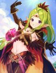  1girl absurdres ahoge belt blonde_hair blue_sky breasts cape cleavage cloud cowboy_shot fire_emblem fire_emblem_awakening fire_emblem_heroes gem gloves highres jewelry jurge long_hair looking_at_viewer midriff navel necklace nowi_(fire_emblem) official_alternate_costume outdoors pointy_ears ponytail purple_eyes sky small_breasts smile solo teeth 