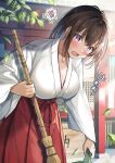  ! !! 1girl @_@ architecture bamboo_broom blush breasts broom cleaning cleavage clevage east_asian_architecture hakama hakama_skirt hawawa-chan_(shiro_kuma_shake) highres holding holding_broom japanese_clothes kimono large_breasts looking_at_viewer miko original outdoors red_hakama shiro_kuma_shake shrine skirt solo torii white_kimono 