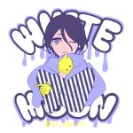  1girl 21_isbivm alternate_costume bangs black_hair bleach gloves hair_between_eyes highres kuchiki_rukia long_sleeves looking_at_viewer one_eye_closed purple_eyes scarf shirt short_hair solo striped striped_shirt twitter_username upper_body white_background yellow_gloves 