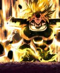  1boy absurdres angry armor aura biceps blonde_hair broly_(dragon_ball_super) cape clenched_teeth collarbone commentary_request debris dragon_ball dragon_ball_super dragon_ball_super_broly energy fur_cape glowing glowing_eyes green_cape highres looking_at_viewer male_focus muscular muscular_male pectorals saiyan_armor scar scar_on_cheek scar_on_chest scar_on_face sekitsuki_hayato solo spiked_hair standing teeth upper_body v-shaped_eyebrows waist_cape 