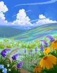  blue_sky cloud commentary contrail day english_commentary field flower flower_field flower_request grass hill jubilee_(8px) lavender_(flower) no_humans original outdoors path pixel_art purple_flower scenery sky white_flower yellow_flower 