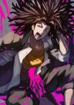  1boy bangs black_jacket black_pants blood blood_on_clothes blood_splatter bracelet brown_eyes brown_hair capri_pants collared_shirt danganronpa:_trigger_happy_havoc danganronpa_(series) dreadlocks facial_hair feet_out_of_frame grey_background hagakure_yasuhiro hand_in_own_hair hand_on_own_head highres jacket jacket_on_shoulders jewelry knee_up knife long_hair looking_at_viewer male_focus one_eye_closed open_clothes open_mouth open_shirt pants parted_bangs pink_blood ringed_eyes sandals shirt shirt_under_shirt sitting sleeves_rolled_up solo stab stubble tearing_up teeth teria_(teriarian) v-shaped_eyebrows white_shirt yawning yellow_shirt 