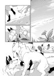  all_fours blush canid canine canis comic domestic_dog duo eye_contact fangs female_(lore) feral flower fox fur greyscale hi_res looking_at_another looking_down lying mammal monochrome on_back on_top outside paws pinned plant simple_background smile teeth tsukune_minaga 