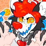  anthro big_claws claws clown clown_nose collar digital_media_(artwork) freckles hair hyena logan_(lambiechops) male mammal metal_collar open_mouth raised_claws red_hair simple_background snaggle_tooth solo spiral_eyes white_body ziboe 