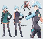  1boy ? arrow_(symbol) back_cutout black_footwear black_gloves blue_eyes blue_hair blush bodysuit boots closed_mouth clothing_cutout coat commentary_request deoxys deoxys_(speed) glint gloves goro_orb green_coat grey_background grey_bodysuit hand_on_hip highres male_focus multiple_views official_alternate_costume outline pokemon pokemon_(game) pokemon_masters_ex short_hair smile spoken_question_mark sprite standing steven_stone steven_stone_(sygna_suit) sweatdrop zipper zipper_pull_tab 