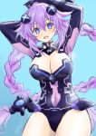  1girl absurdres black_thighhighs blue_eyes braid breasts cleavage covered_navel d-pad d-pad_hair_ornament hair_ornament happy highres kow0117 large_breasts leotard long_hair looking_at_viewer neptune_(series) power_symbol purple_hair purple_heart simple_background smile solo symbol-shaped_pupils thighhighs twin_braids very_long_hair 