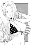  1girl american_flag_bikini armpits bikini blush breasts dated flag_print grey_background greyscale highres kichihachi large_breasts long_hair monochrome navel one_eye_closed original parted_lips smile solo star_(symbol) star_print swimsuit twitter_username two-tone_background upper_body white_background 