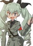  1girl anchovy_(girls_und_panzer) anzio_military_uniform artist_name bangs belt black_belt black_necktie black_ribbon black_shirt brown_eyes commentary dress_shirt drill_hair girls_und_panzer green_hair grey_jacket grey_pants hair_ribbon highres jacket kuroneko_douji long_hair long_sleeves looking_at_viewer military military_uniform necktie open_mouth pants ribbon riding_crop sam_browne_belt shirt signature simple_background smile smirk solo standing twin_drills twintails uniform white_background wing_collar 