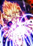 1boy absurdres aura baggy_pants biceps black_wristband blonde_hair commentary_request debris dragon_ball dragon_ball_z energy gogeta highres looking_at_viewer male_focus metamoran_vest muscular muscular_male open_clothes open_mouth open_vest outstretched_arms pants rock sekitsuki_hayato solo spiked_hair super_saiyan super_saiyan_1 teeth tongue v-shaped_eyebrows vest white_pants wristband yellow_eyes 
