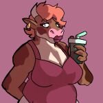  absurd_res age_difference anthro apolonoise bovid bovine breasts cattle container cup ear_piercing ear_ring female hi_res lips lipstick makeup mammal muuriel_(shiningnoise) older_anthro piercing ring_piercing slightly_chubby solo 