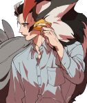  1boy bird black_hair breast_pocket buttons closed_eyes closed_mouth collared_shirt commentary_request grey_shirt hand_up highres larry_(pokemon) male_focus pocket pokemon pokemon_(creature) pokemon_(game) pokemon_sv saaa_snd shirt short_hair staraptor veins 