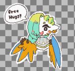  animal_ears bangs bird_ears blonde_hair blue_feathers blush blush_stickers checkered_background commentary facial_mark feathers free_hugs green_hair grey_background grey_poncho hair_over_one_eye harpy long_hair mako_(eogks) monster_girl multicolored_hair nn_(eogks) open_mouth orange_feathers original pixel_art poncho speech_bubble symbol-only_commentary two-tone_hair two-tone_wings upper_body winged_arms wings 