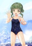  1girl absurdres bangs blue_one-piece_swimsuit blunt_bangs bob_cut braid breasts brown_eyes competition_school_swimsuit feet_out_of_frame green_hair highres horizon kantai_collection one-piece_swimsuit school_swimsuit short_hair sidelocks small_breasts solo standing swimsuit takanami_(kancolle) thick_eyebrows water waving wet wet_clothes wet_swimsuit yashin_(yasinz) 